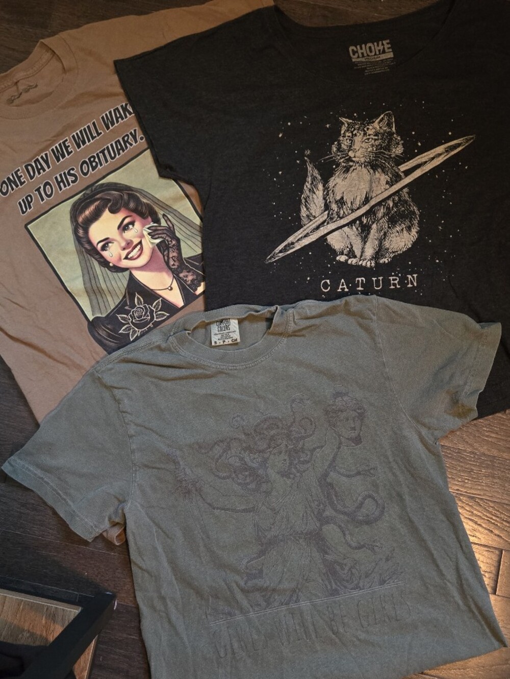 Lot of 3 - Graphic Tees - "Girls..." Medusa, Cat Shirt, Vtg Obituary - SZ Med